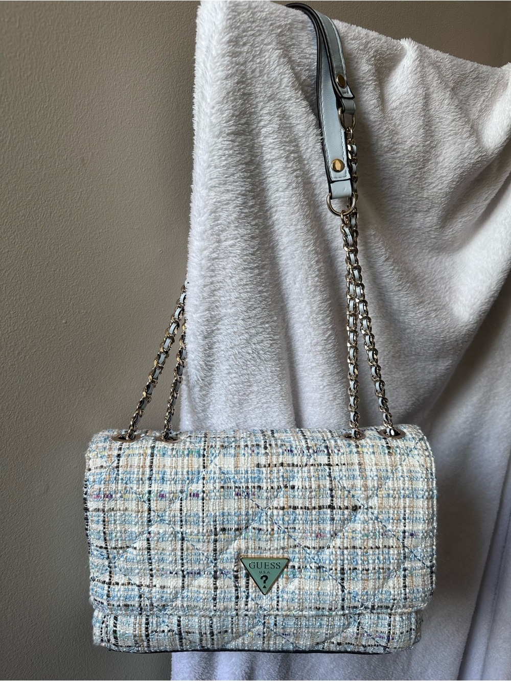 GUESS Light Blue Quilted Tweed Shoulder Bag with Chain Strap - Picture 6 of 7